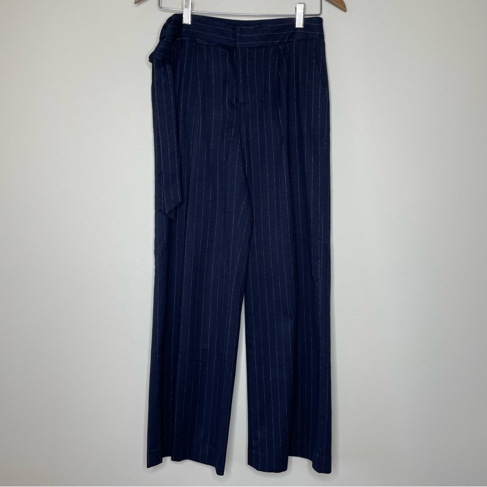 Halogen Navy Pinstriped Wide Leg Trousers with Attached Belt